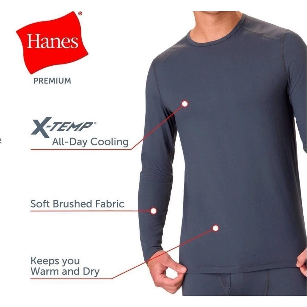2pk Hanes Men's Thermal Long Sleeve Performance Base layer Crewneck Gray Small